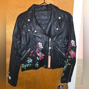 NWT Blank NYC Black Faux Leather Jacket with Floral Embroidery